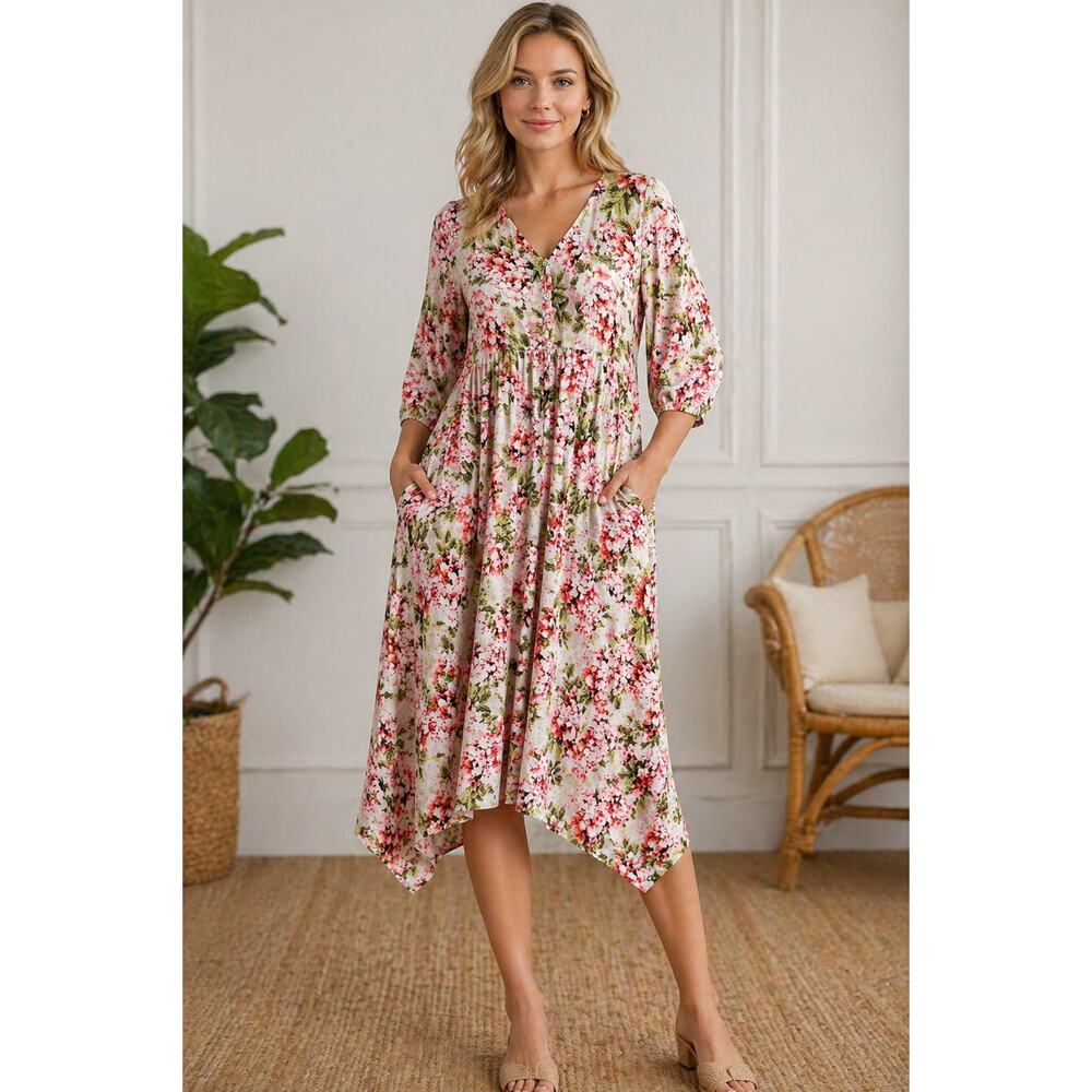 J. Jill Hydrangea Floral Asymmetrical Lined peplum elastic waist Dress size M